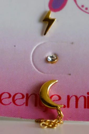 3 gaatjes goudkleurige maansteker met ketting, goudkleurige kristal steker en goudkleurige bliksemschicht steker