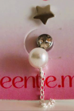 3gaatjes zilverkleurige parelsteker met ketting, kristal titanium oorsteker en zilverkleurige stersteker