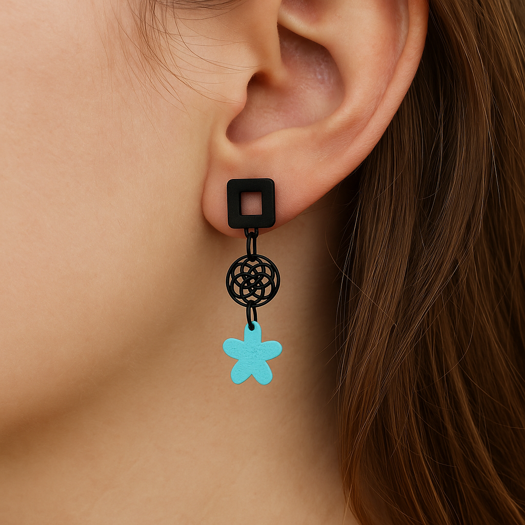 Zwarte vierkante oorstekers met mandala hanger en appelzeegroene bloem