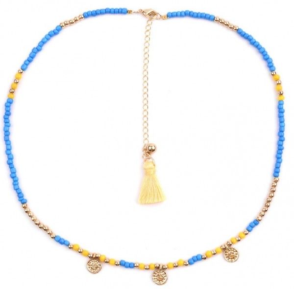 Choker met goud, geel en blauwe pareltjes en muntjes