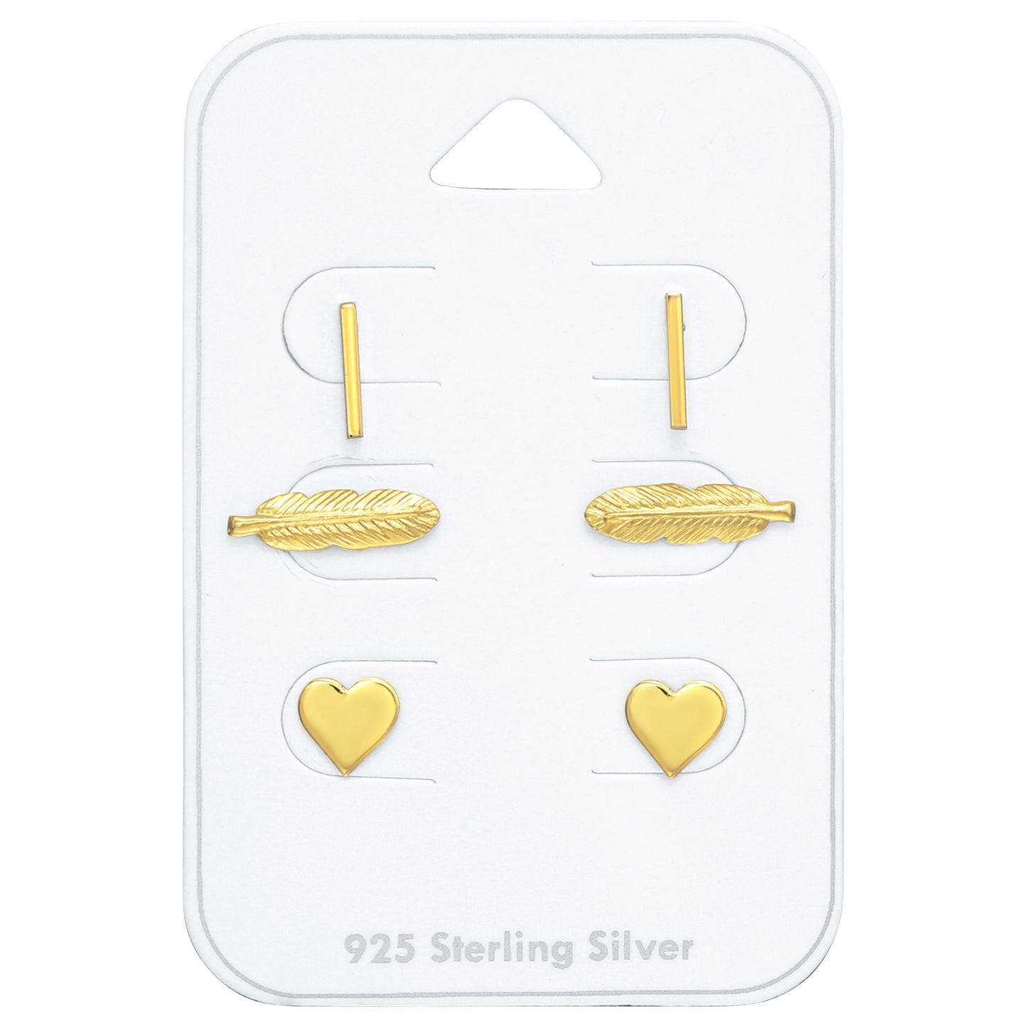 Goudkleurige set van 3 paar oorbellen zoals staafjes, veren en hartjes1