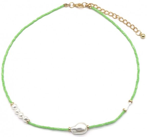 Groene glaskralen ketting met witte parels