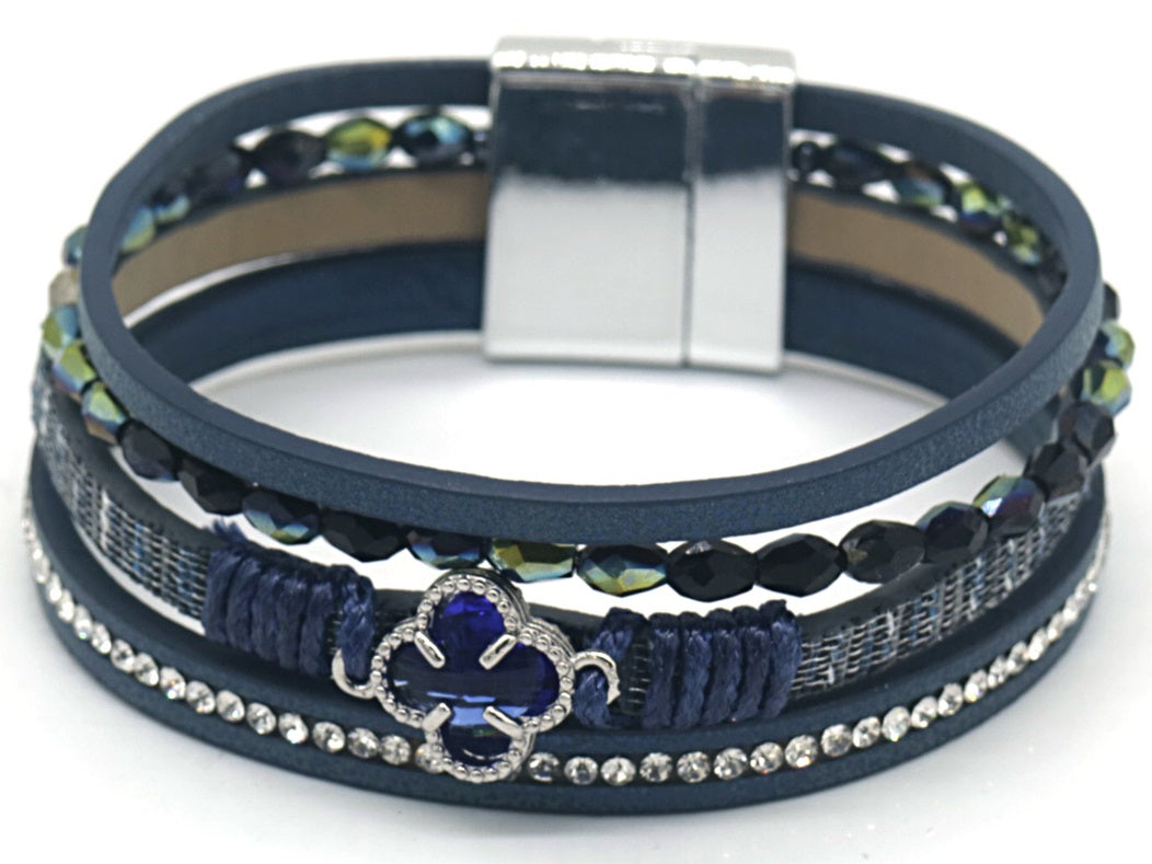 Leren navy blauwe armbandenset met magneetslot