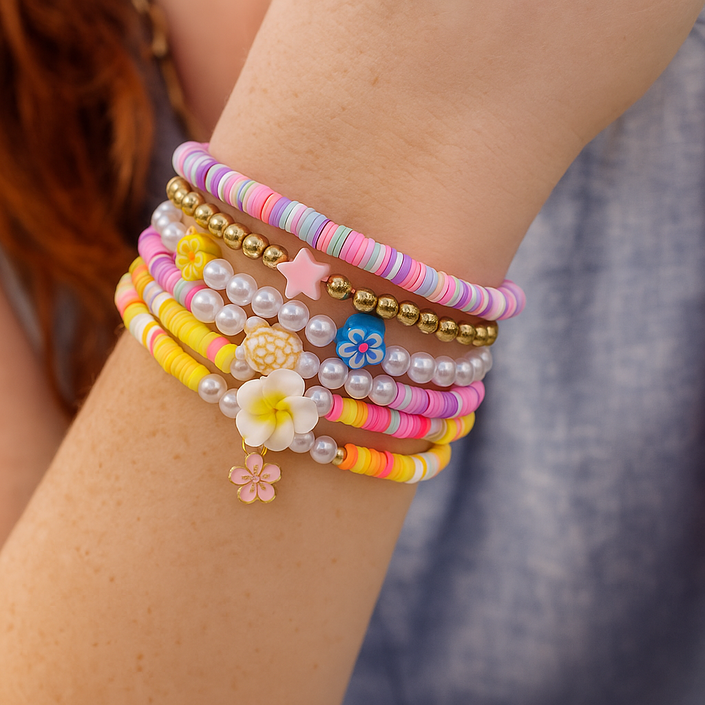 Set van 6 armbanden met roze, paars, blauw en witte parels1