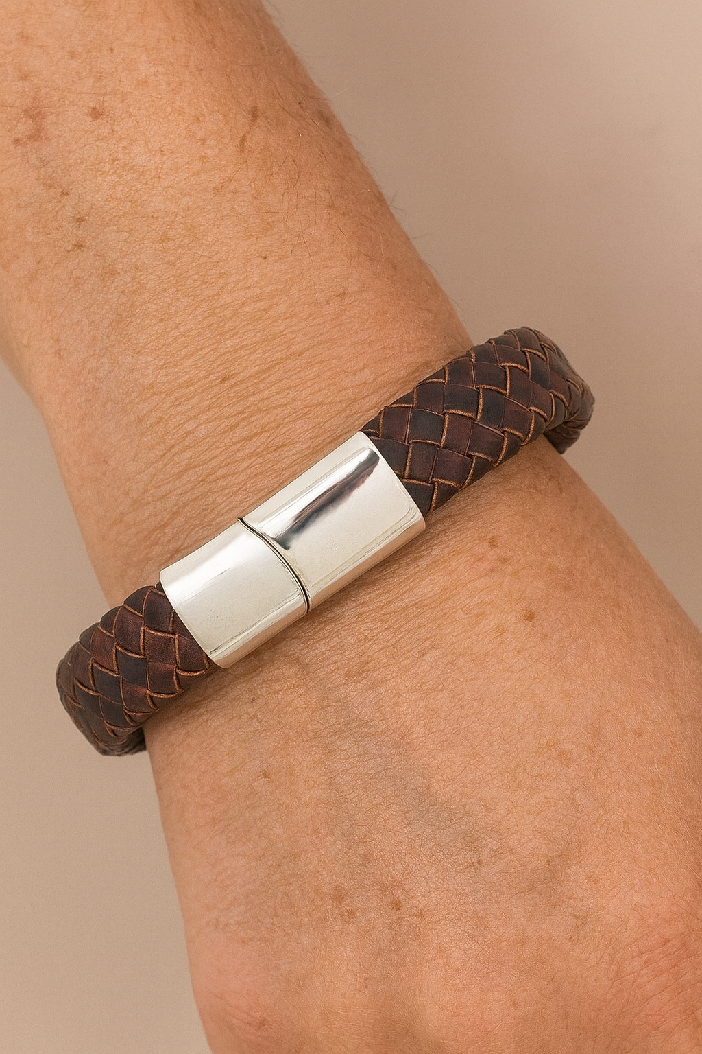 Stainless steel bruine leren armband