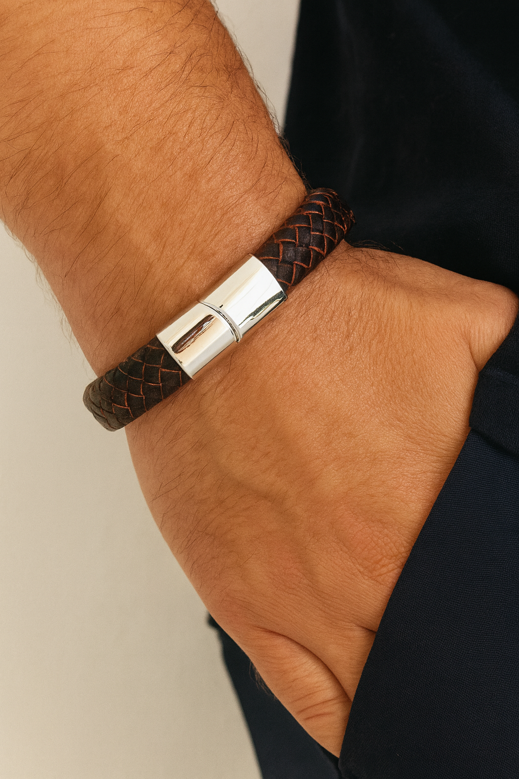 Stainless steel bruine leren armband_21cm2