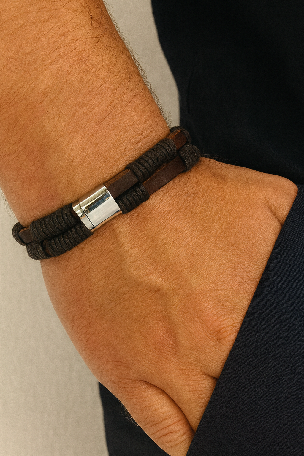 Stainless steel bruine leren armband met draadjes_21cm2