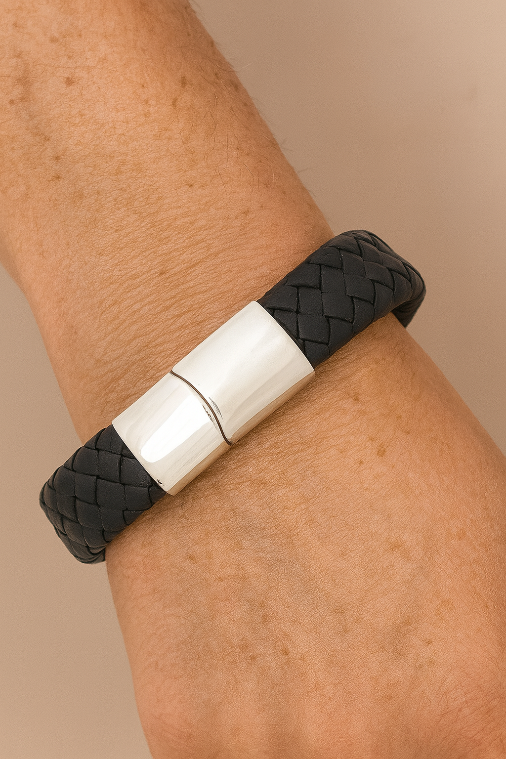 Stainless steel zwarte leren armband