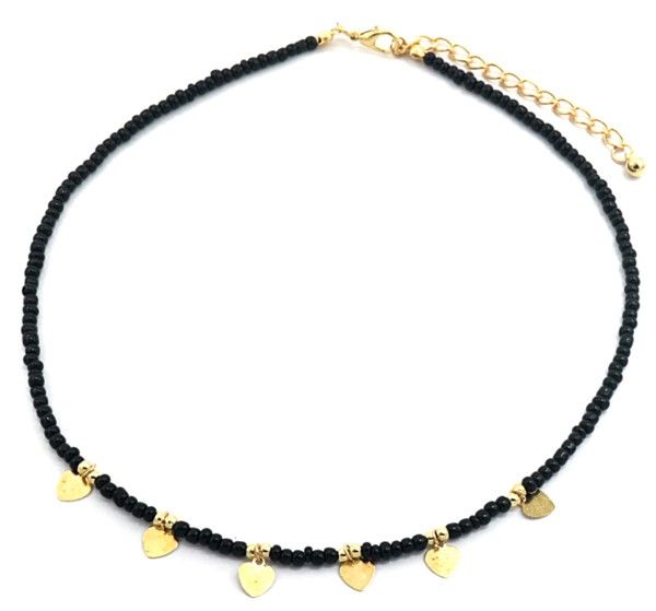 Zwarte pareltjes ketting met hartjes