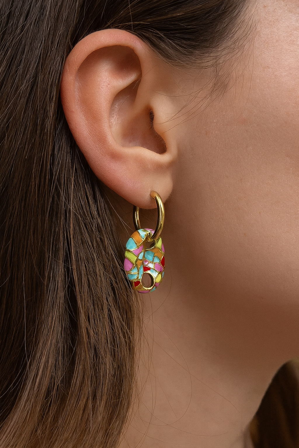 Stainless steel goudkleurige creolen met veelkleurigehanger