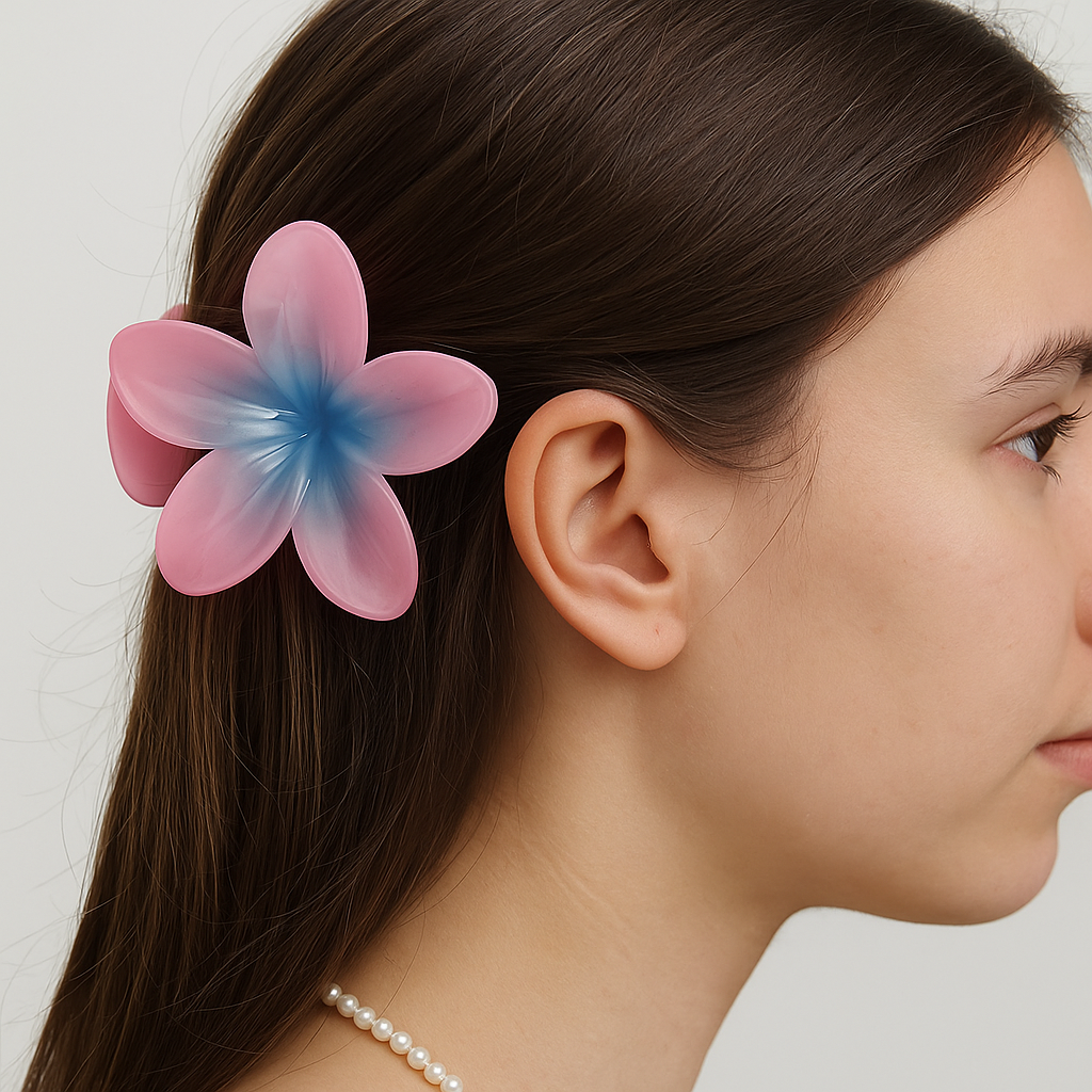 Roze met blauw hawaii bloem haarklem