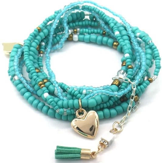 Appelblauwzeegoene armbanden met floche en goudkleurig hart