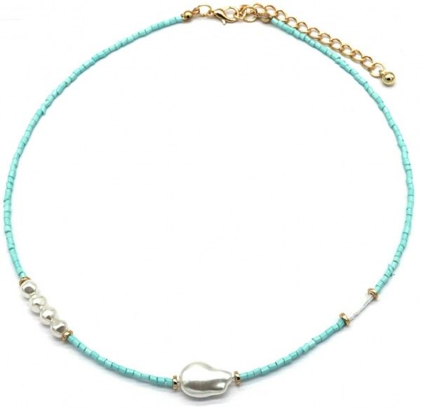 Blauwe glaskralen ketting met witte parels