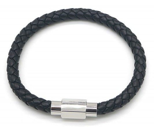 Dunne stainless steel zwarte leren armband