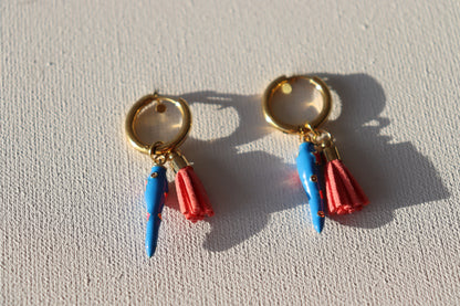 Goudkleurige creolen met blauwe pepers met sterretjes en roze floche