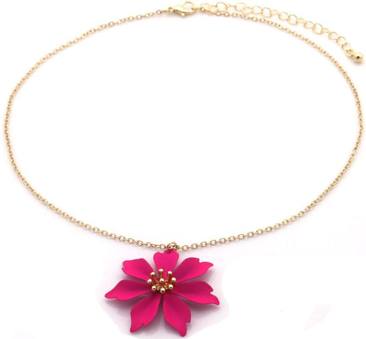 Goudkleurige ketting met fuchsia bloem