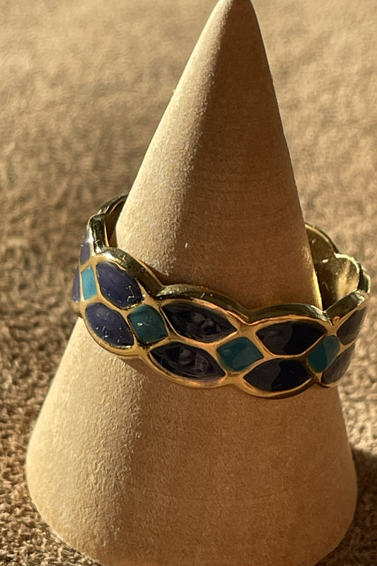 Goudkleurige ring met blauwe en licht blauwe vakken(roestvrij staal)11