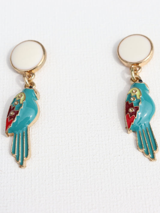 Goudkleurige witte ronde oorbellen met papegaaihanger