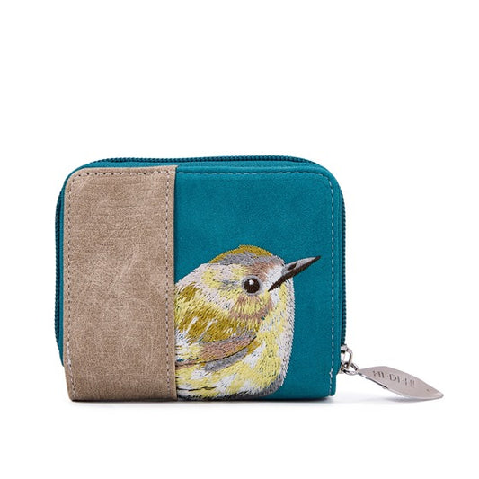 Kleine Ekster petrol en beige portemonnee