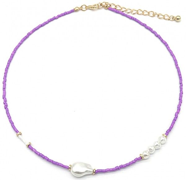 Paarse glaskralen ketting met witte parels