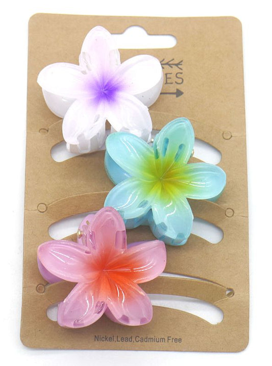 Set van 3 kleine  hawaii bloem haarklemmen_wit met paars_blauw en roos