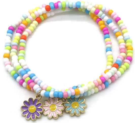 Set van 3 pareltjes armbanden met paars, roos en blauwe bloem