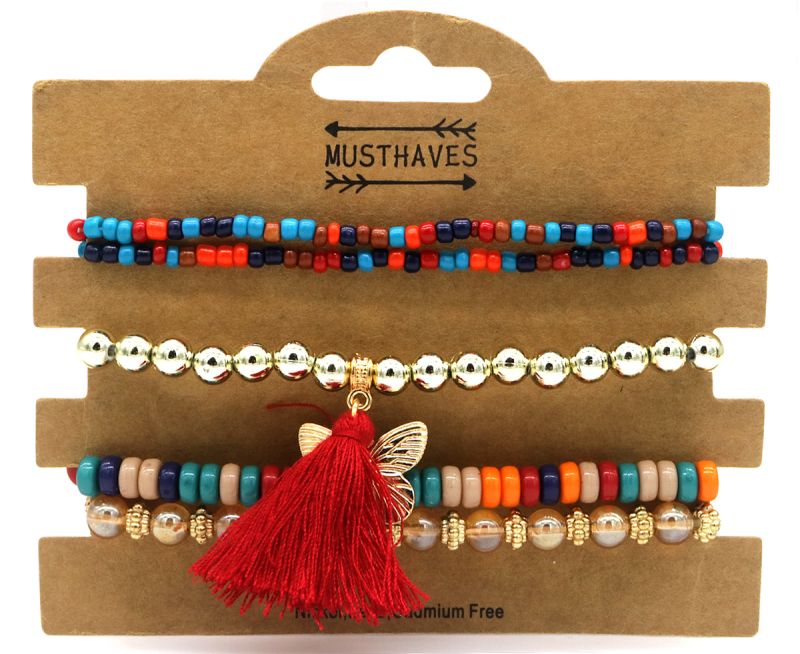 Set van 5 multi kleuren armbanden met vlinder en rode floche1