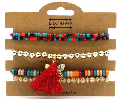 Set van 5 multi kleuren armbanden met vlinder en rode floche1