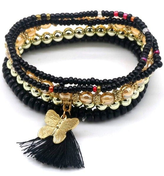 Set van 5 zwarte armbanden met vlinder en floche
