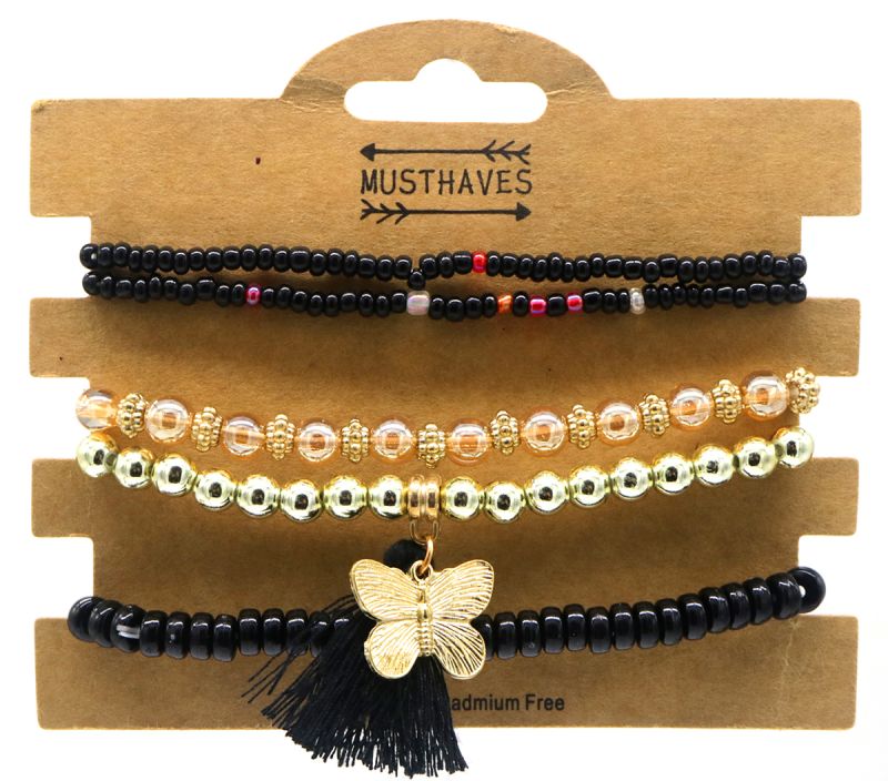 Set van 5 zwarte armbanden met vlinder en floche1