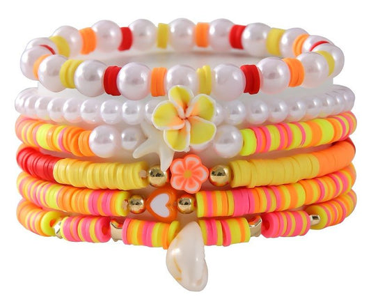 Set van 6 armbanden met roze, oranje, geel en witte parels
