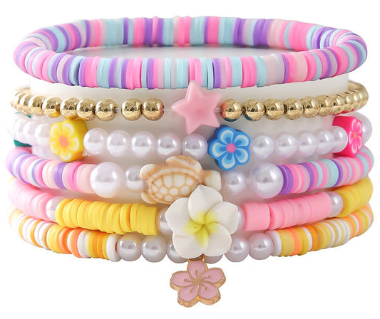 Set van 6 armbanden met roze, paars, blauw en witte parels