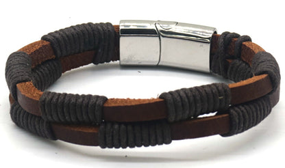 Stainless steel bruine leren armband met draadjes_21cm