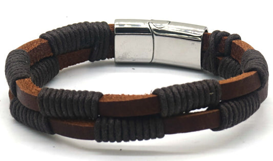 Stainless steel bruine leren armband met draadjes_21cm