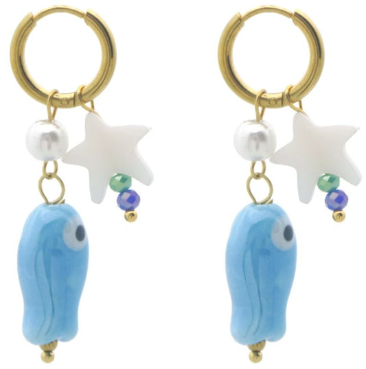 Stainless steel goudkleurige creolen met blauwe vis en ster