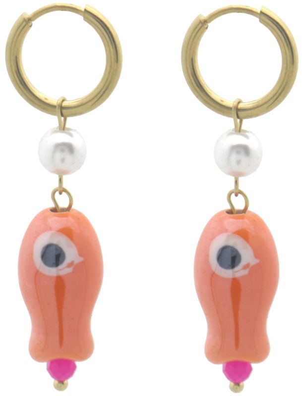 Stainless steel goudkleurige creolen met oranje vis
