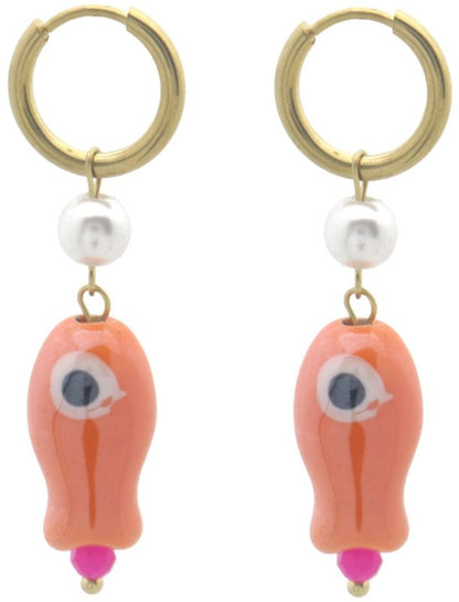 Stainless steel goudkleurige creolen met oranje vis