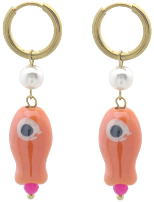 Stainless steel goudkleurige creolen met oranje vis