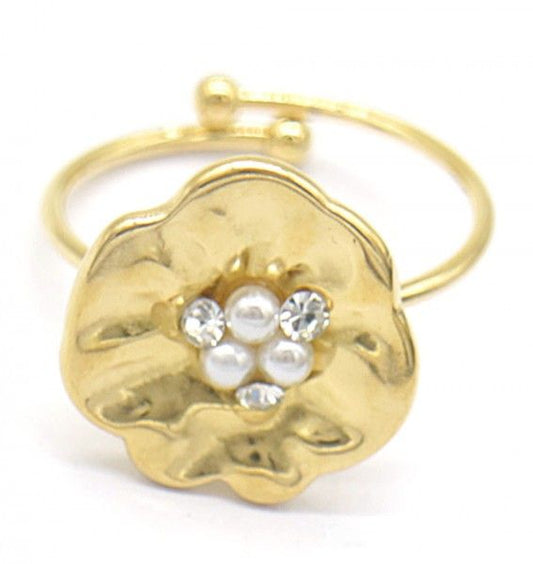 Stainless steel goudkleurige ring met kristal en parels