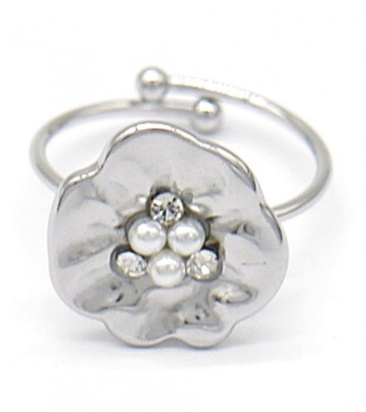 Stainlesssteel zilverkleurige bloemring met kristalsteentjes en parels