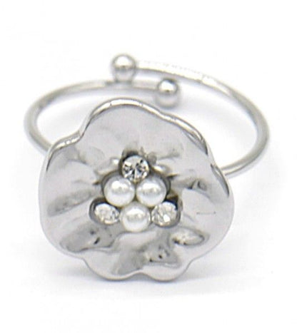 Stainlesssteel zilverkleurige bloemring met kristalsteentjes en parels