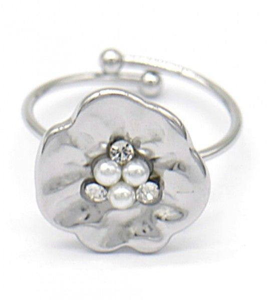 Stainlesssteel zilverkleurige bloemring met kristalsteentjes en parels