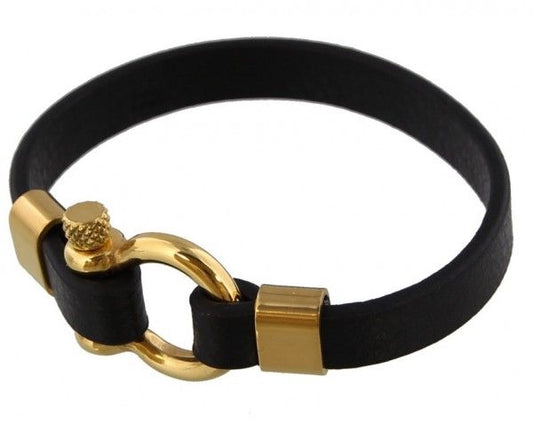 Stainless_steel_zwarte leren armband met_goudkleurige_sluiting