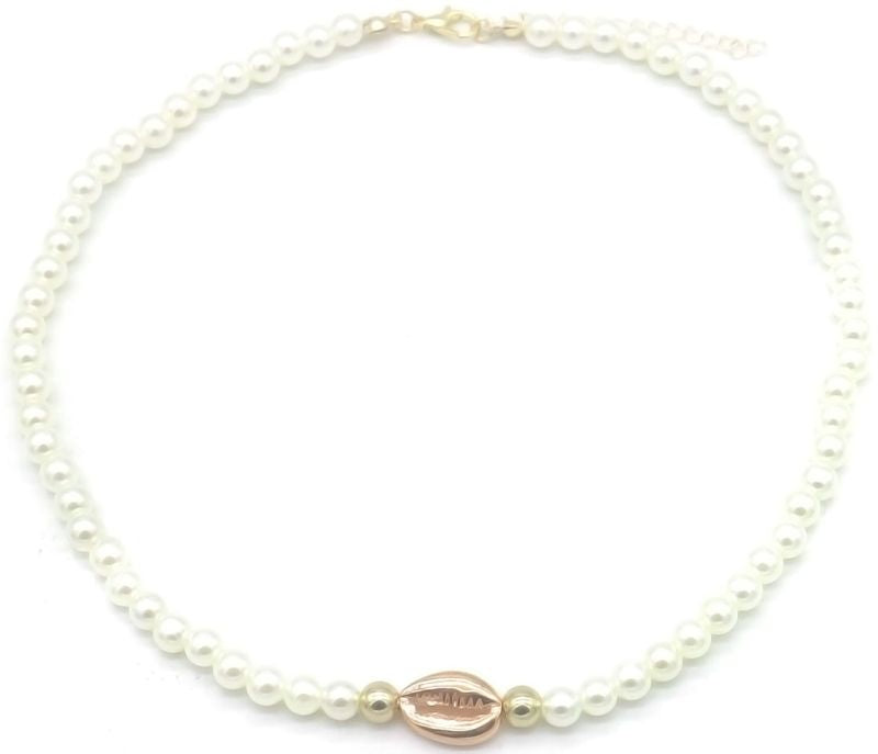Witte parel ketting met goudkleurige schelpbedel