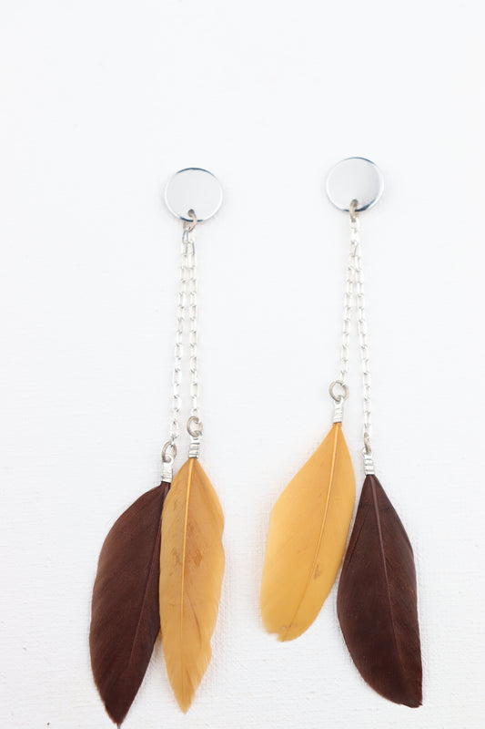 Zilverkleurge ronde oorbellen met ketting en 2 bruin veertjes