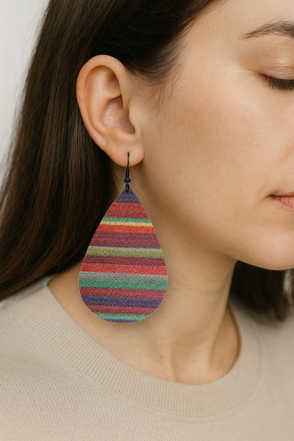 Zwarte oorhaken met kunstleren regenboogdruppel3