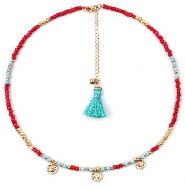choker met goud, blauw en rode pareltjes en muntjes
